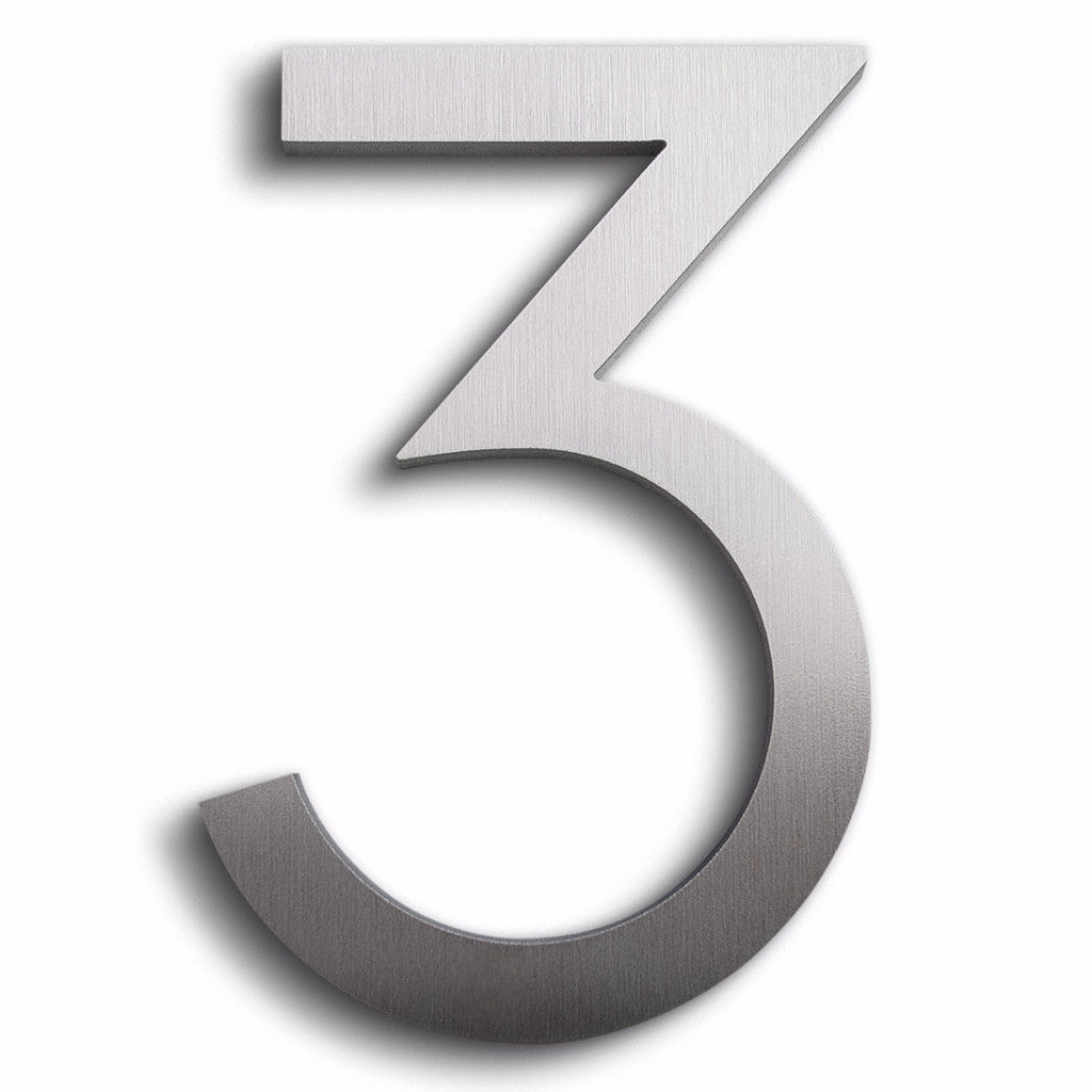 HOUSE NUMBERS MODERN FONT THREE 3 BRUSHED ALUMINUM FLOATING