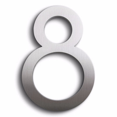 Eight modern house numbers in brushed finish aluminum.