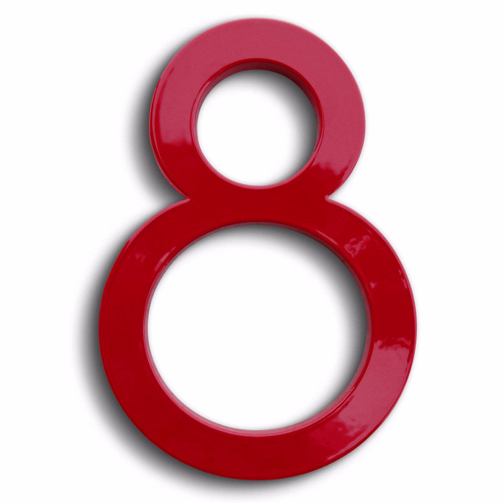 eight modern house numbers in red powder coat aluminum.